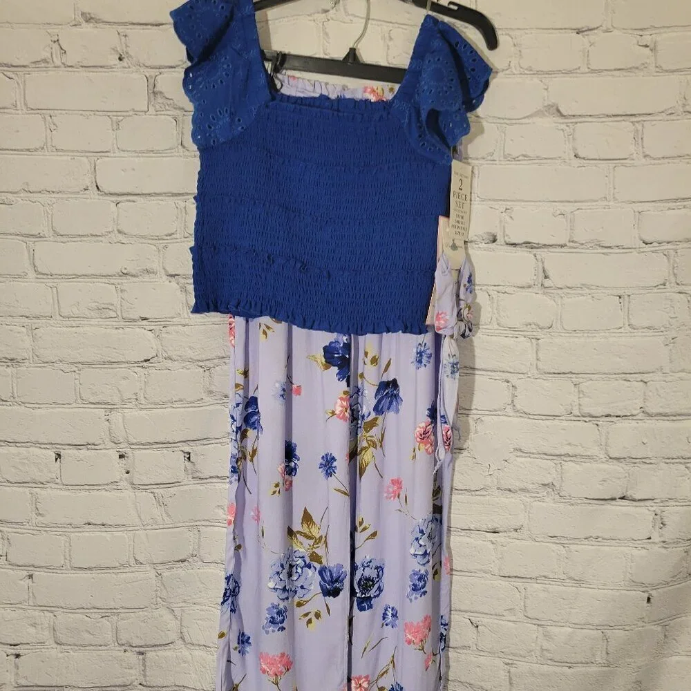 Big Girls 2 Piece Smocked Flutter Top and Printed Chiffon Pant Set